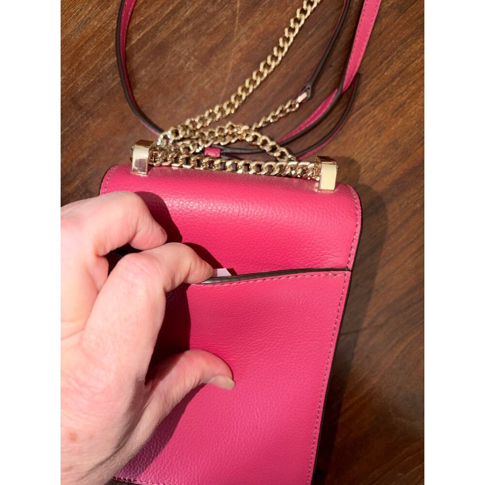 DKNY Pink Pebbled Leather Phone Crossbody Bag Gold Tone Lock Charm Chain Leather - Picture 9 of 11